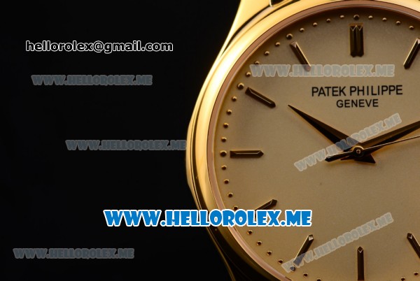 Patek Philippe Calatrava Miyota Quartz Yellow Gold Case with Yellow Gold Dial and Black Leather Strap Stick Markers - Click Image to Close